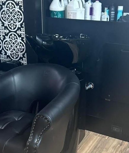 Luxurious salon seating at The Scissor Shoppe in Worthington, Pennsylvania, US.