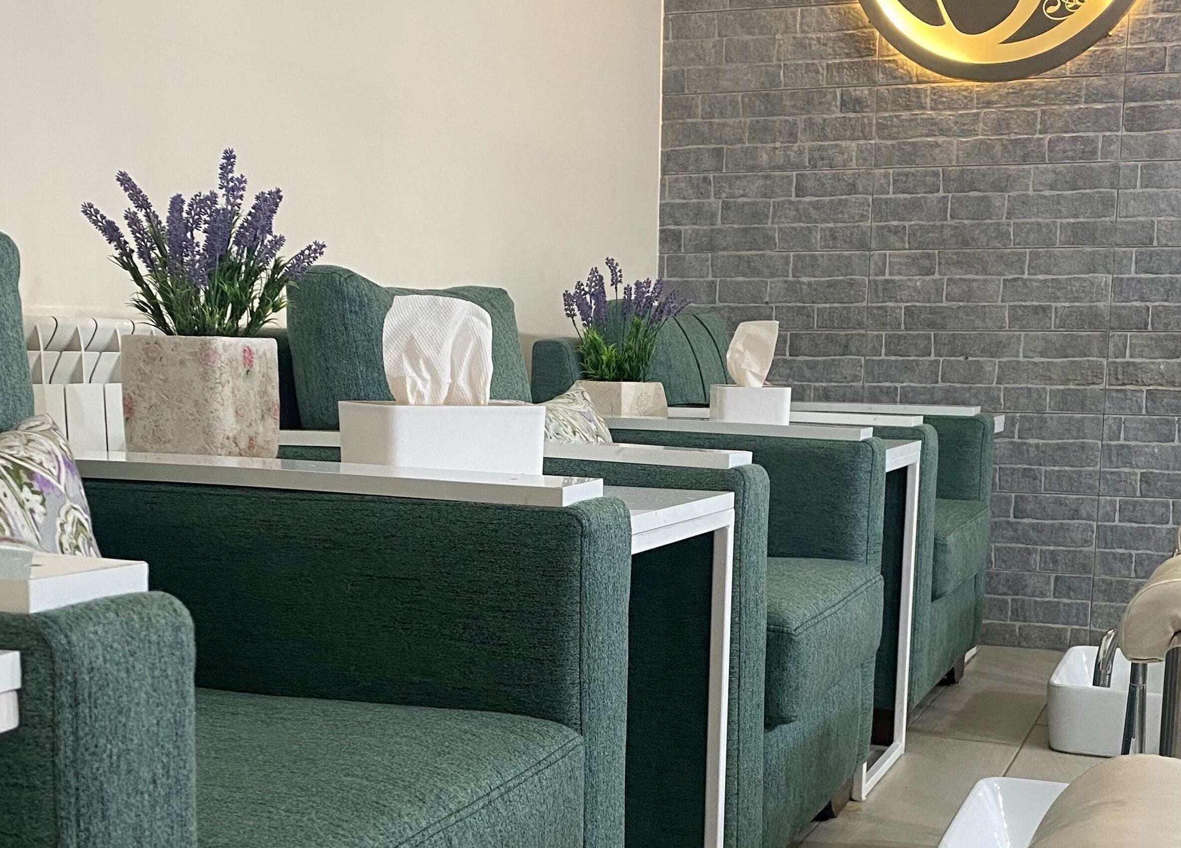 Elegant green chairs and lavender decor at Sasha Nails and Body, Baakleen, Mount Lebanon Governorate, LB.