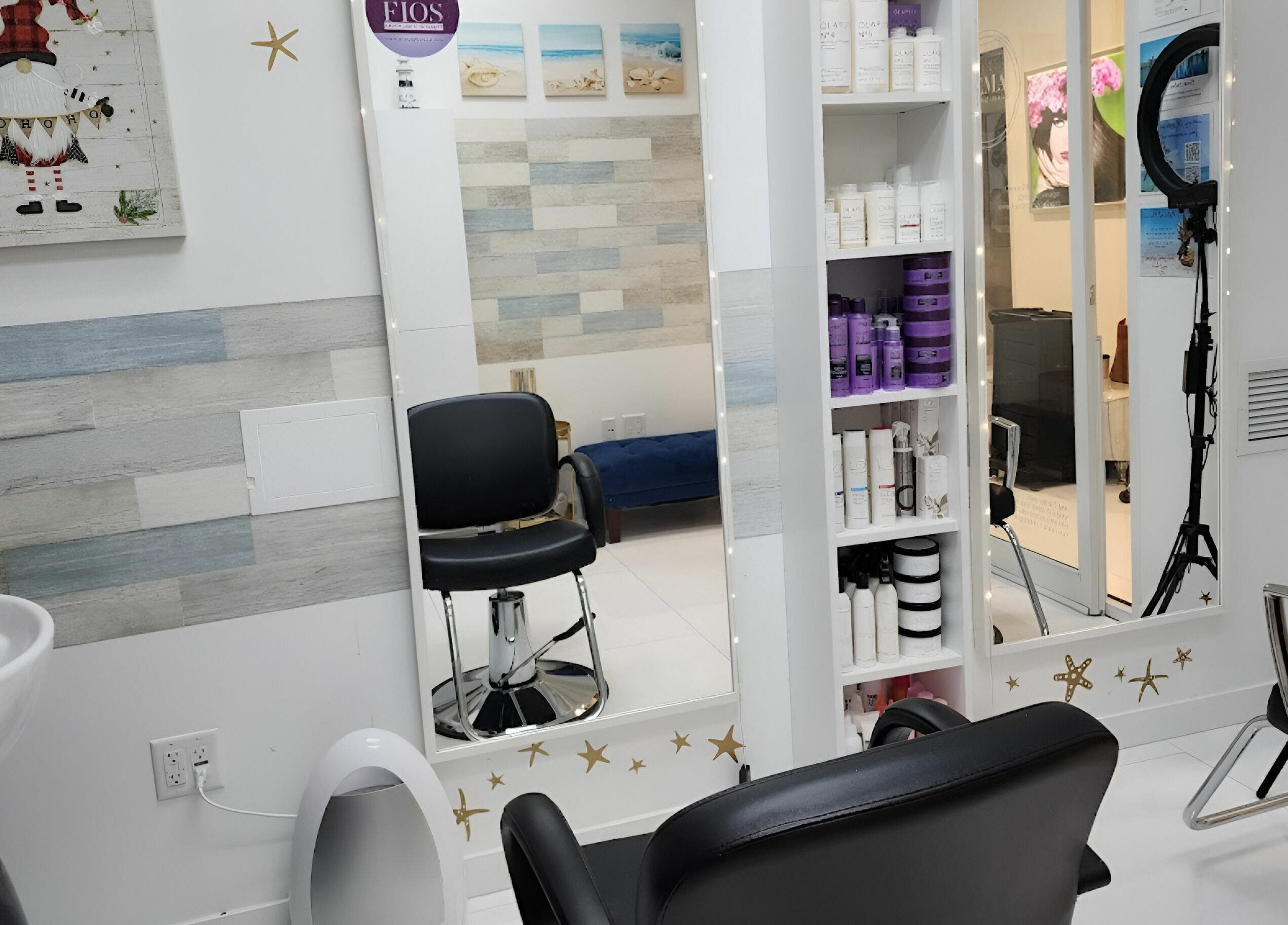 Stylish salon interior at Gemproimage, Miami, Florida, US featuring modern chairs and product shelves.