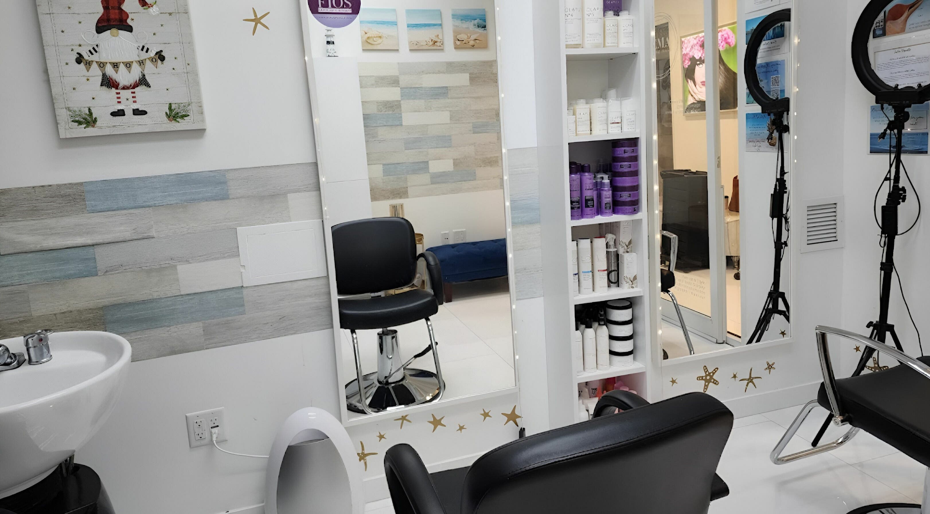 Stylish salon interior at Gemproimage, Miami, Florida, US featuring modern chairs and product shelves.