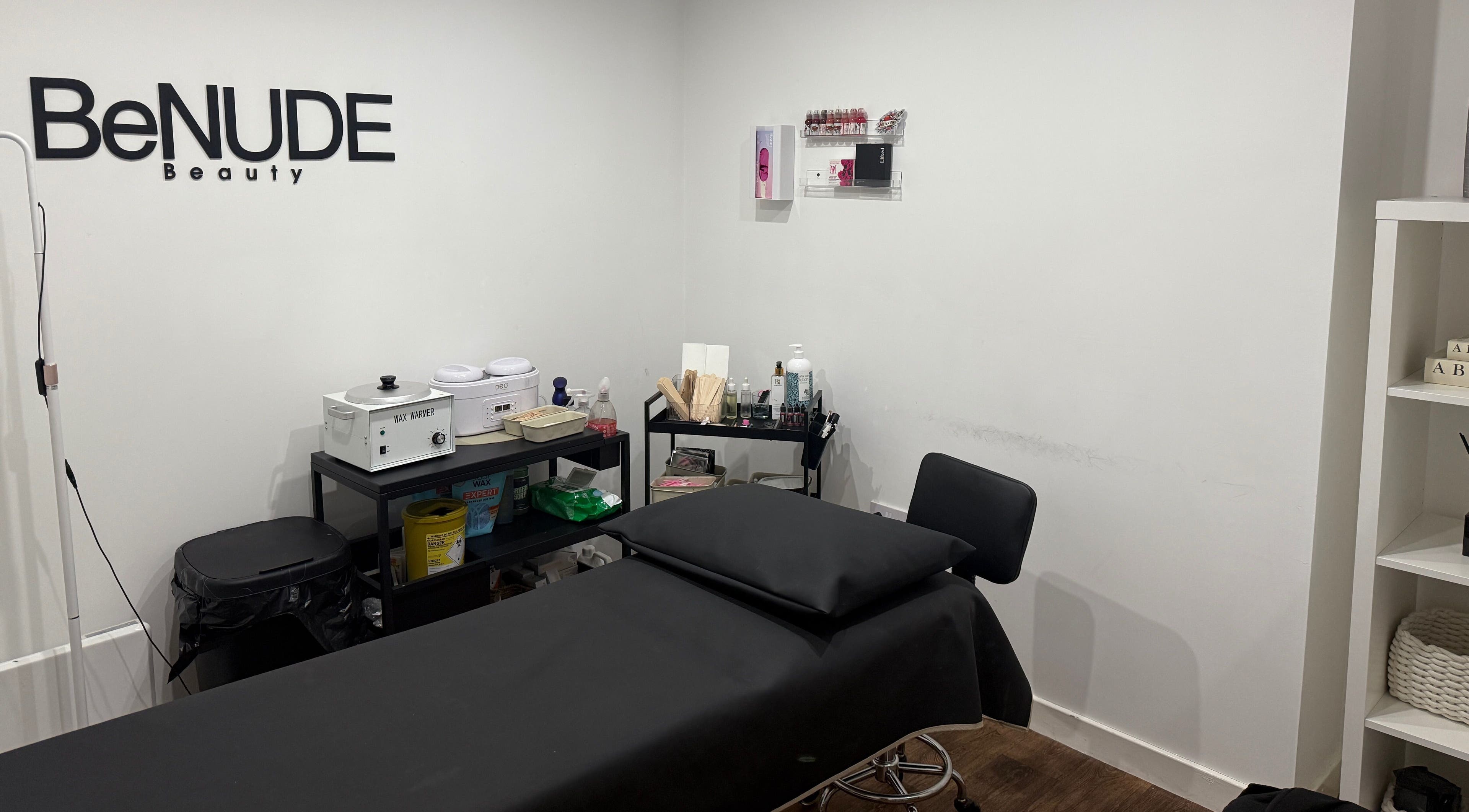 Well-equipped waxing room at The Brow Barn, Middleton, England, GB featuring a treatment bed and professional tools.