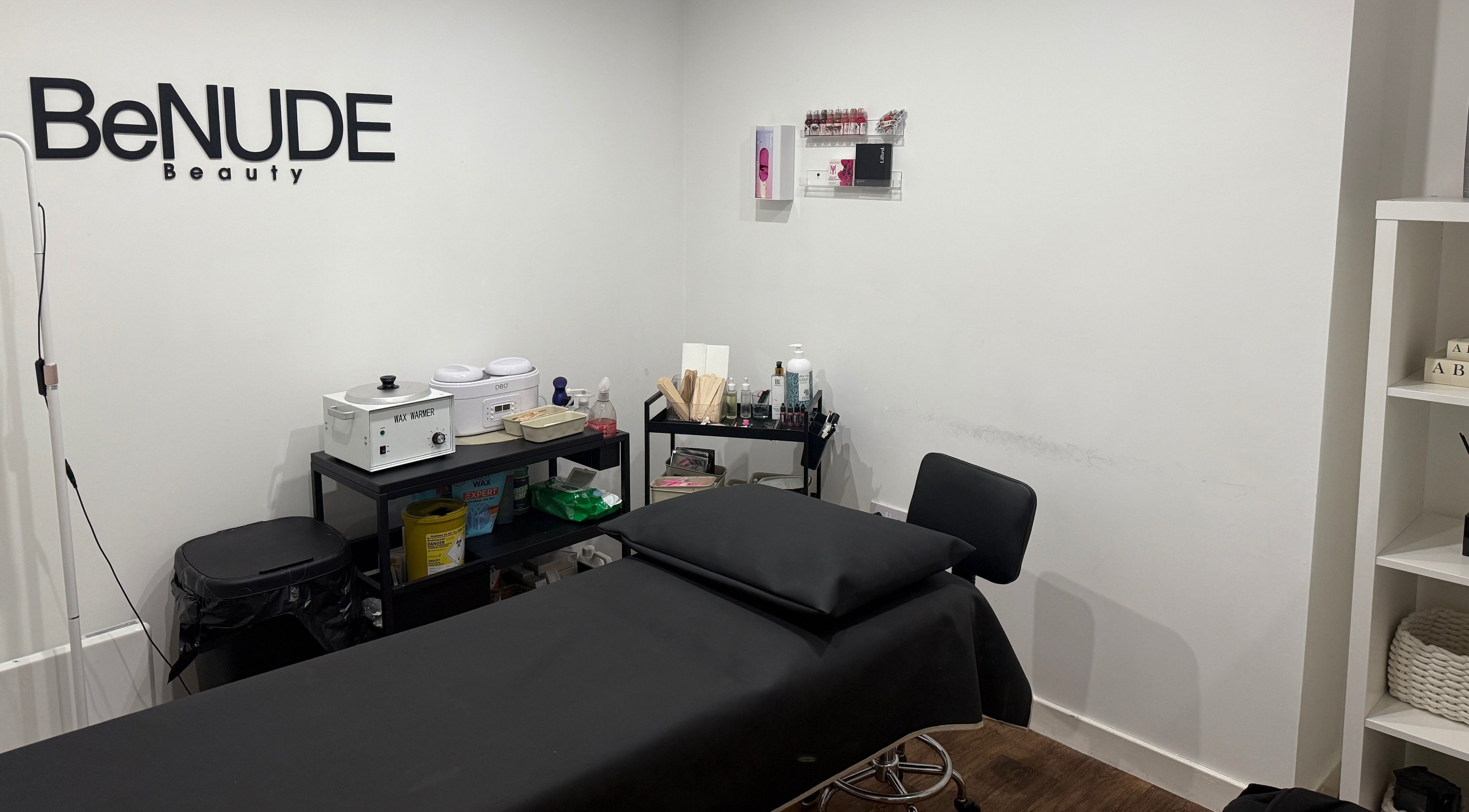 Well-equipped waxing room at The Brow Barn, Middleton, England, GB featuring a treatment bed and professional tools.