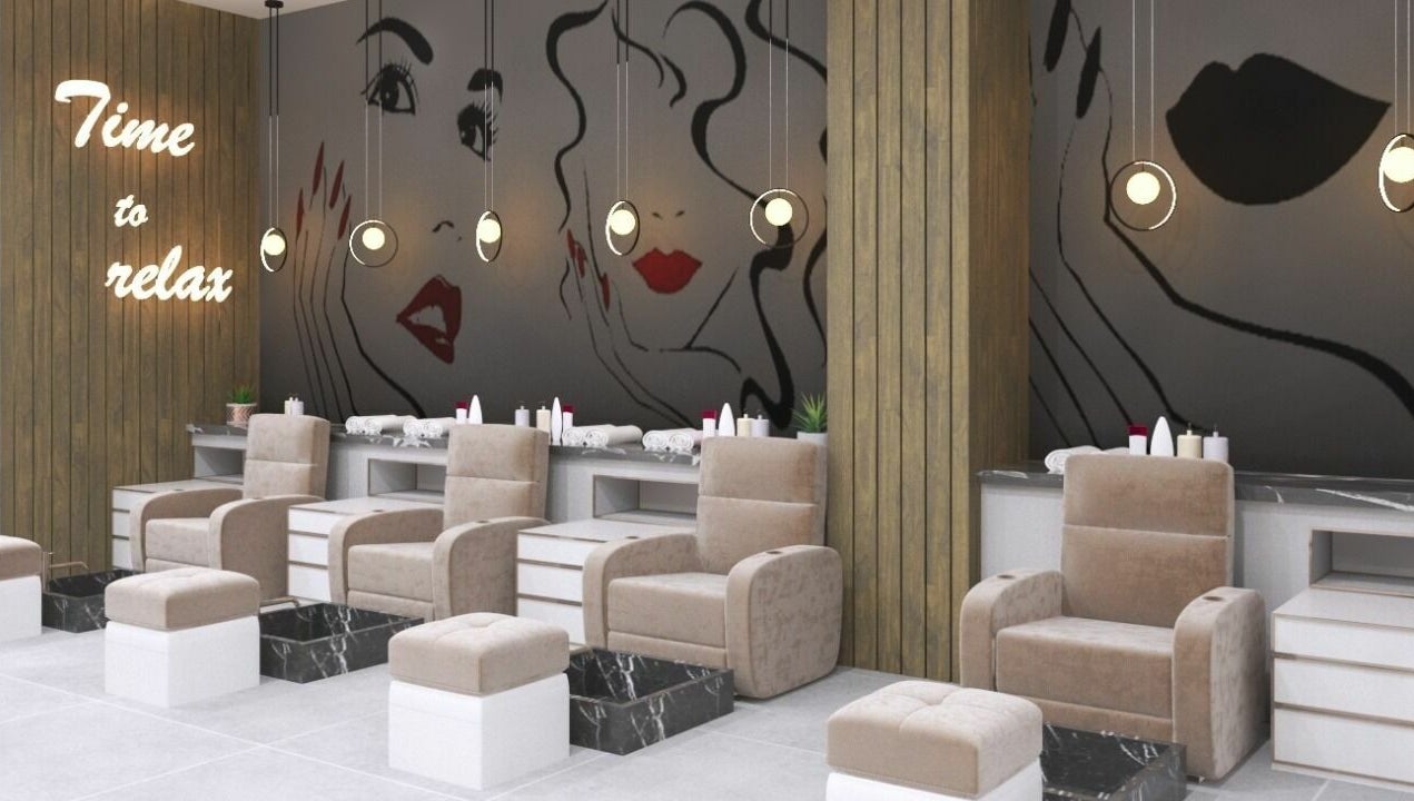 Modern nail salon seating at Gladys Dubai Hills Branch, Dubai, دبي, AE with inspiring wall art and cozy chairs.