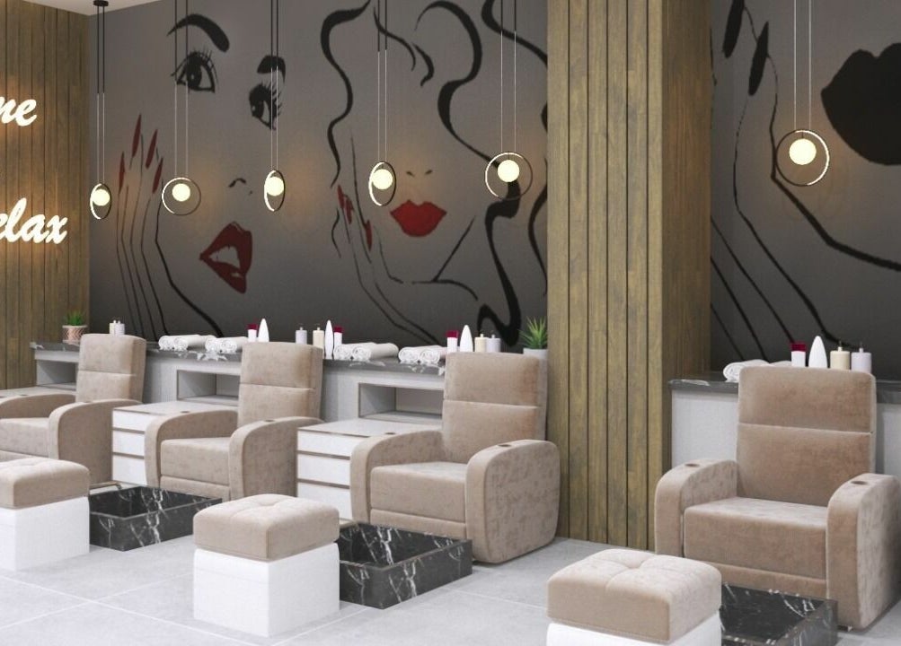 Modern nail salon seating at Gladys Dubai Hills Branch, Dubai, دبي, AE with inspiring wall art and cozy chairs.