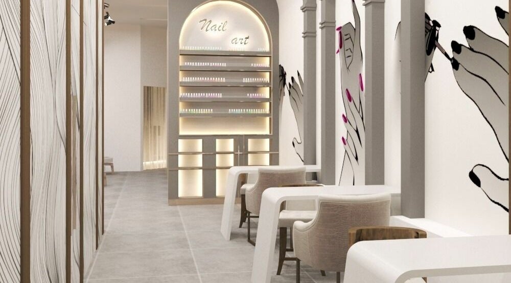 Elegant nail art wall at Gladys Dubai Hills Branch in Dubai, دبي, AE showcasing a modern salon design.