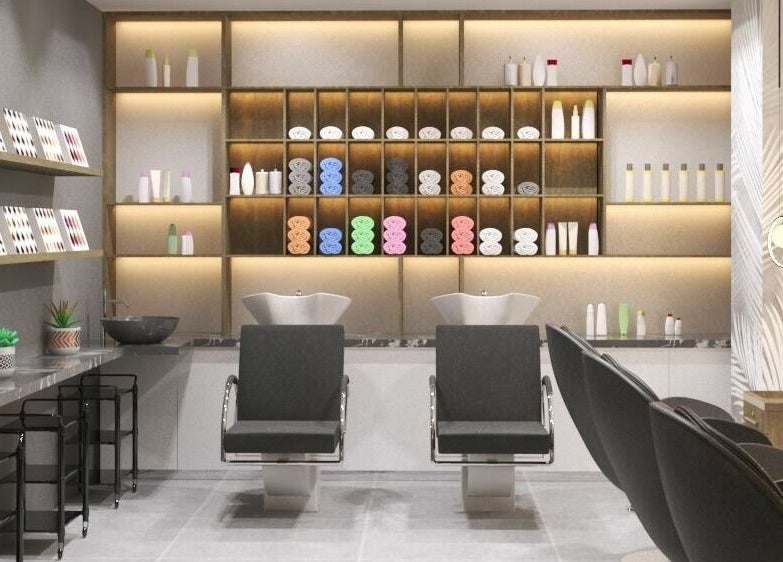 Modern salon interior at Gladys Dubai Hills Branch, Dubai, دبي, AE, featuring stylish chairs and product displays.