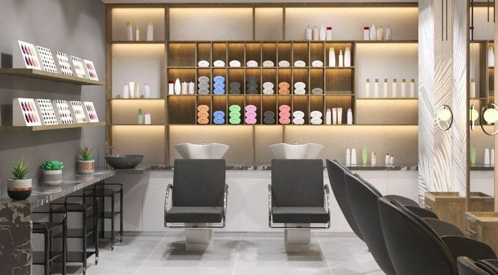 Modern salon interior at Gladys Dubai Hills Branch, Dubai, دبي, AE, featuring stylish chairs and product displays.