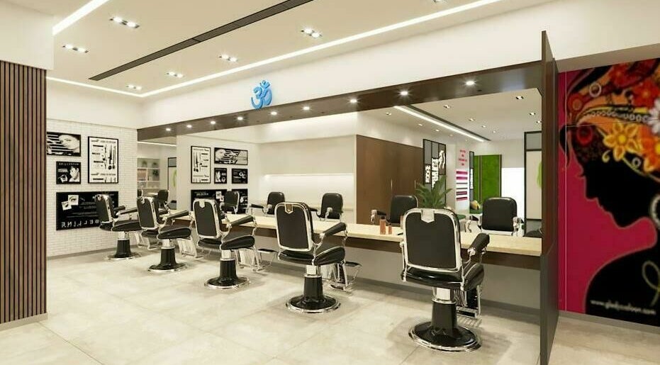 Modern interior of Gladys Dubai Studio City, Dubai, AE, showcasing stylish barber chairs and sleek decor.