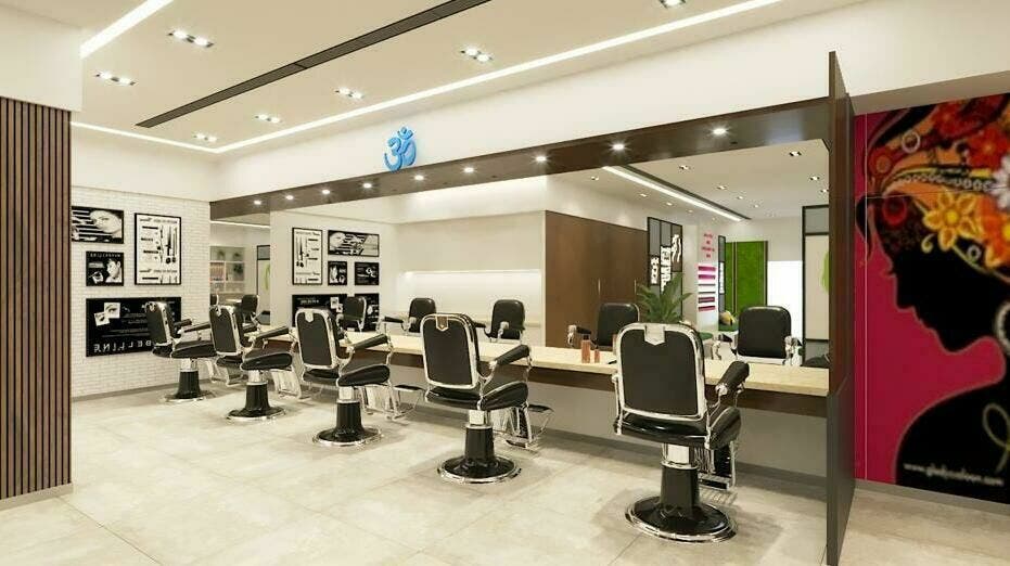 Modern interior of Gladys Dubai Studio City, Dubai, AE, showcasing stylish barber chairs and sleek decor.