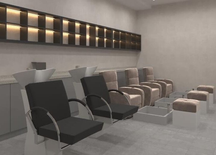 Elegant pedicure area at Gladys Motor City Branch, Dubai, Dubai, AE, with plush chairs and foot baths.
