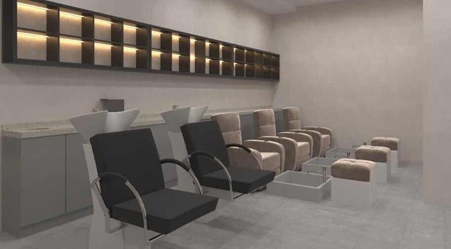 Elegant pedicure area at Gladys Motor City Branch, Dubai, Dubai, AE, with plush chairs and foot baths.