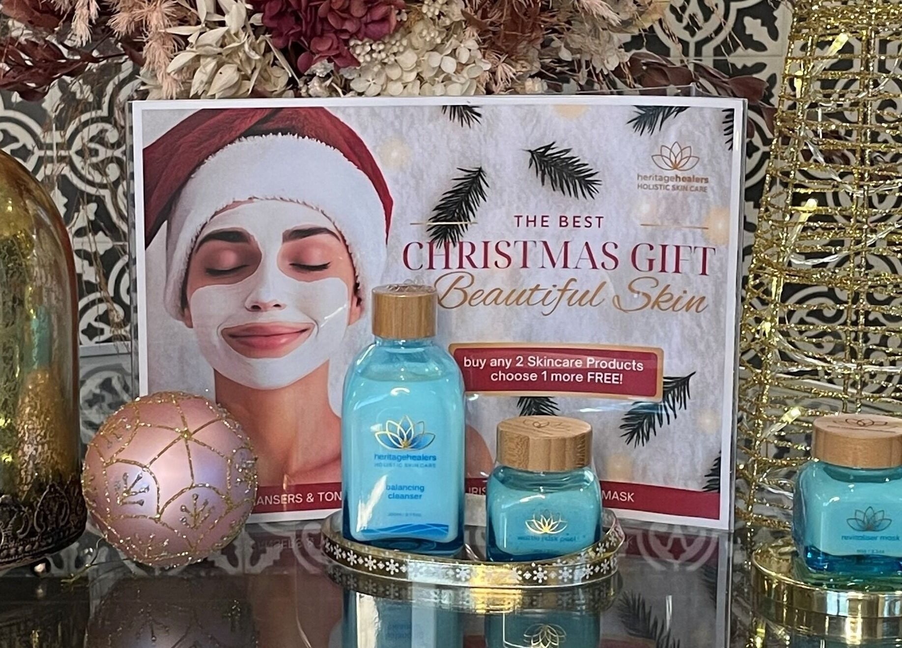 Festive skincare gift display at Spa Elements, Korora, New South Wales, AU with holiday decor.