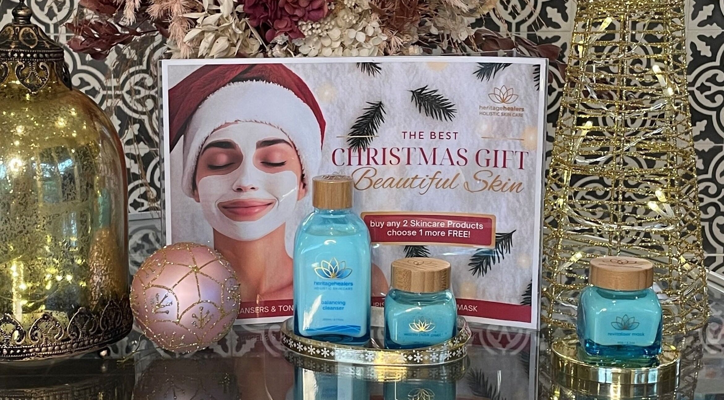 Festive skincare gift display at Spa Elements, Korora, New South Wales, AU with holiday decor.
