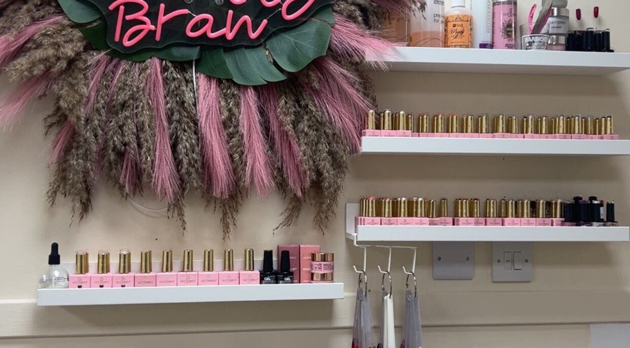 Rhi lly Braw Nails & Beauty venue's stylish nail polish display in Linwood, Scotland, GB.