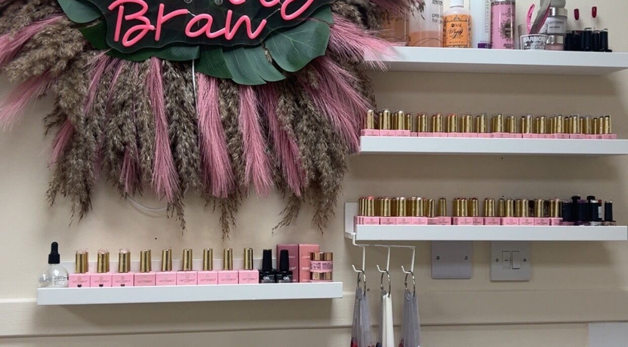 Rhi lly Braw Nails & Beauty venue's stylish nail polish display in Linwood, Scotland, GB.