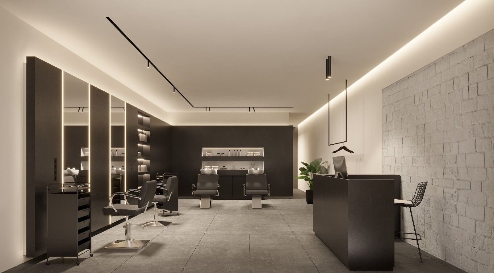 Interno di GTM Hair Studio a Montelupo Fiorentino, Toscana. Design moderno con sedie e stazioni ben illuminate.