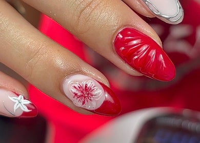 Beautiful floral nail art in red at Beauty By Meka - Changes, Kirkcaldy, Scotland, GB.