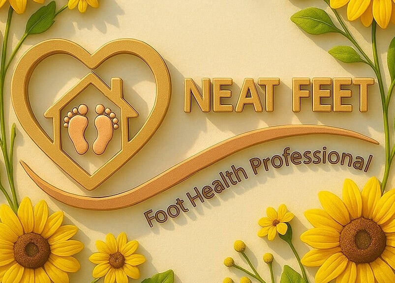 Logo of Neat Feet with sunflowers, Burnham-on-crouch, England, GB. Foot health professional aesthetic.