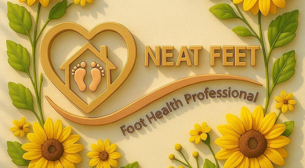 Logo of Neat Feet with sunflowers, Burnham-on-crouch, England, GB. Foot health professional aesthetic.
