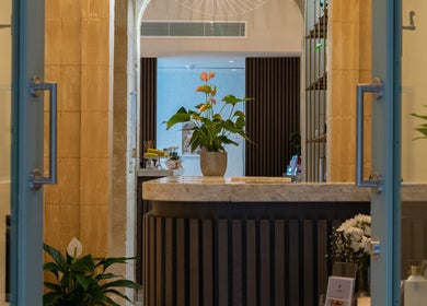 Entrance at Amis City Spa, Beauty & Hair Salon, Il-belt Valletta, MT, featuring plants and a modern desk.