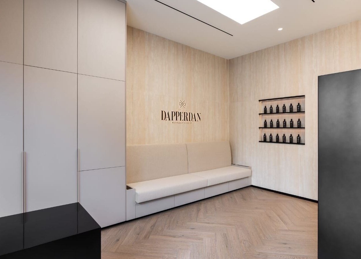 Elegant reception area at Dapper Dan Barbershop, Dubai, Dubai, AE, featuring modern design accents.