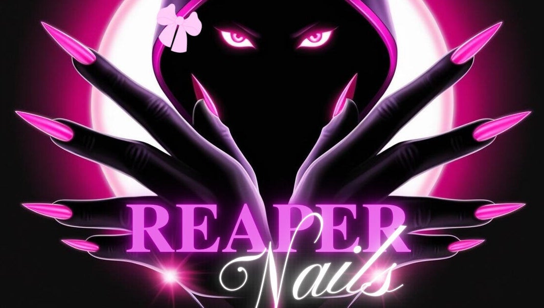 Bold gothic-themed nail art with pink accents at Reaper Nails, Marietta, Georgia, US.