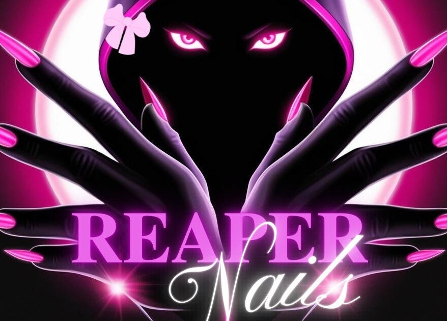 Bold gothic-themed nail art with pink accents at Reaper Nails, Marietta, Georgia, US.