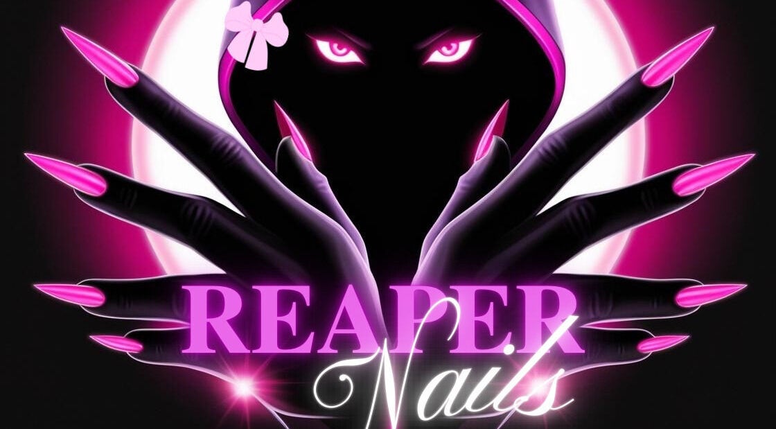 Bold gothic-themed nail art with pink accents at Reaper Nails, Marietta, Georgia, US.