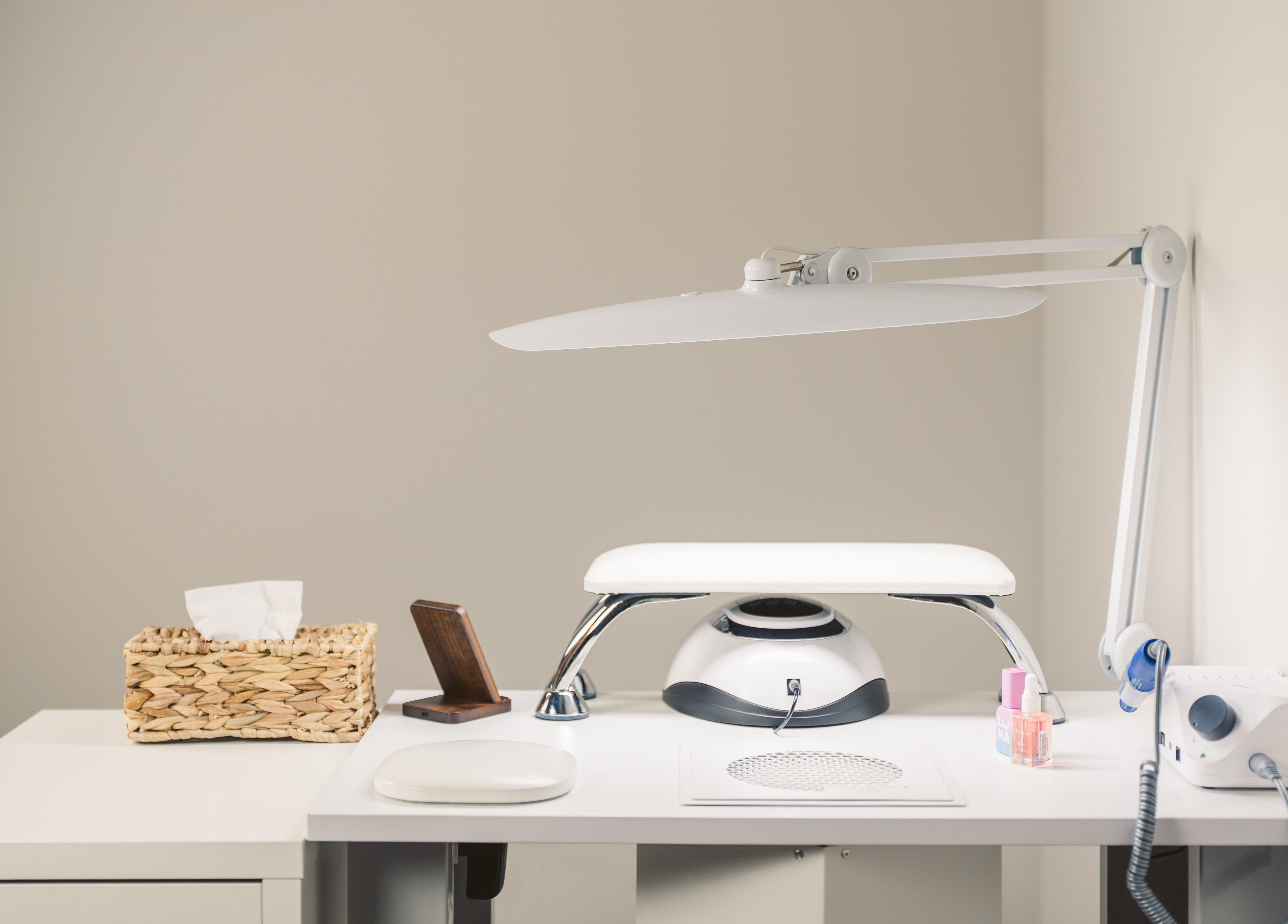 Elegant manicure station at Nails Murr Luxe - Manicure Salon in Canary Wharf, London, England, GB.