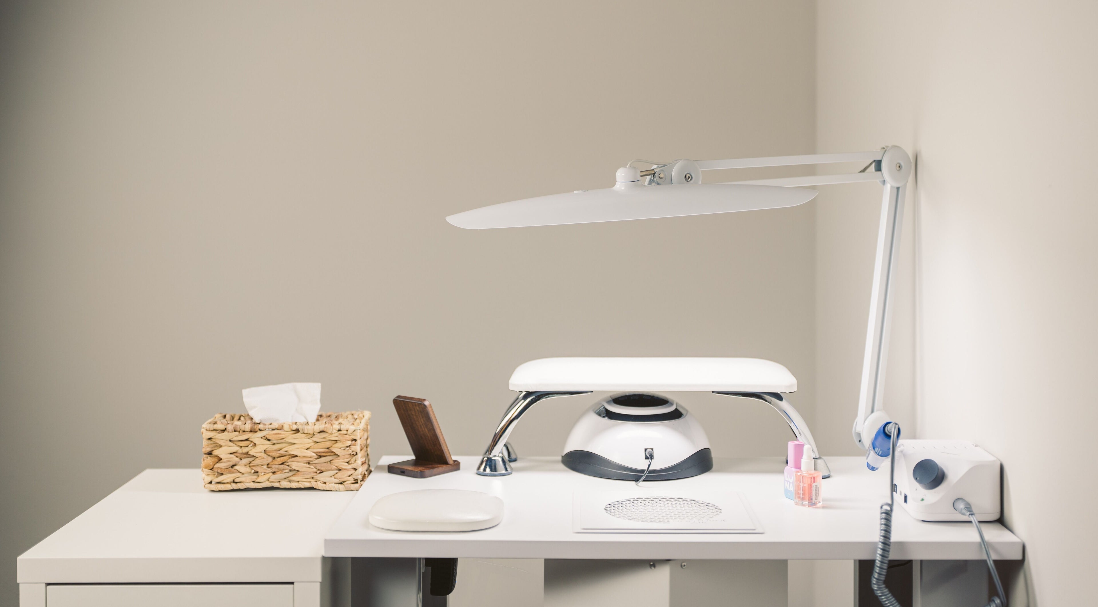 Elegant manicure station at Nails Murr Luxe - Manicure Salon in Canary Wharf, London, England, GB.