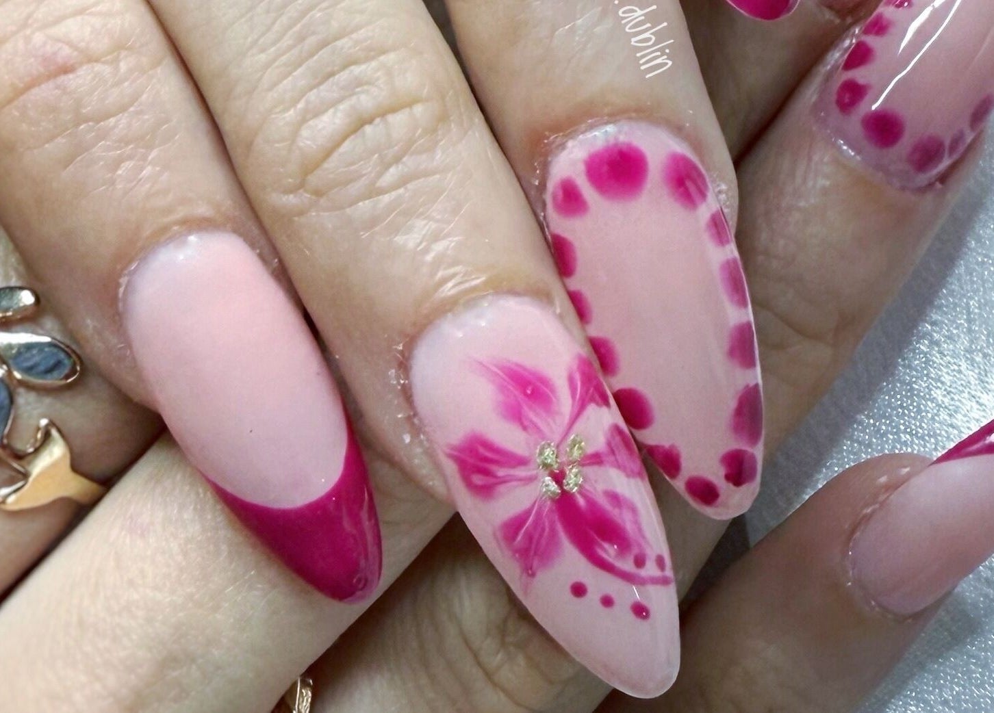 Elegant pink nail art with floral design at Glow Nails, Dublin, County Dublin, IE.