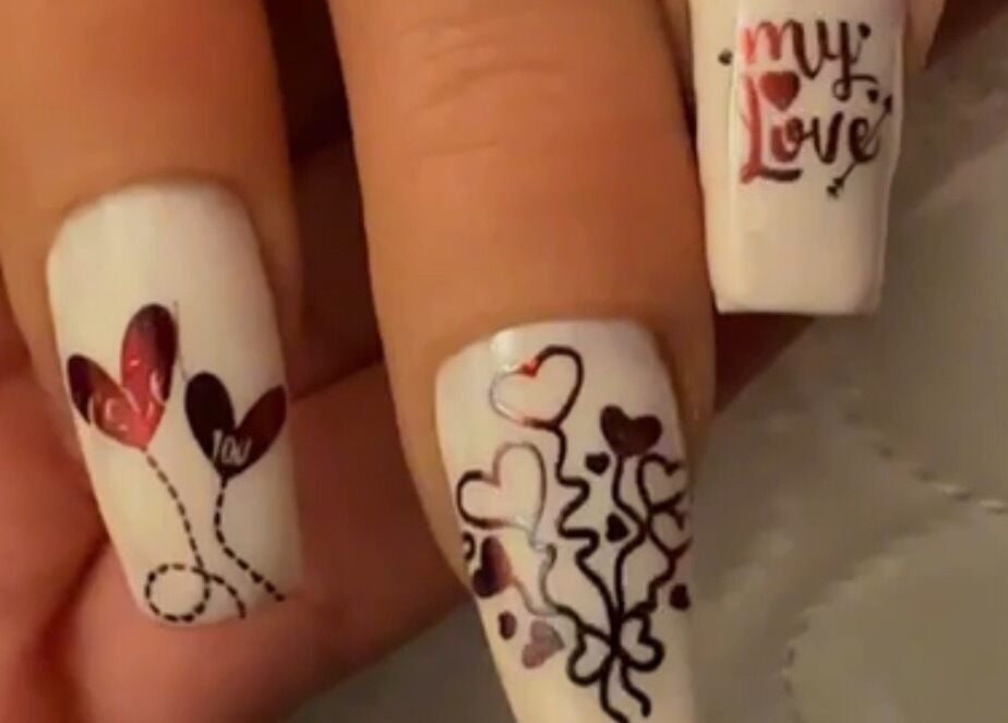 Heart-themed nail art design at Glow Nails located in Dublin, County Dublin, IE.