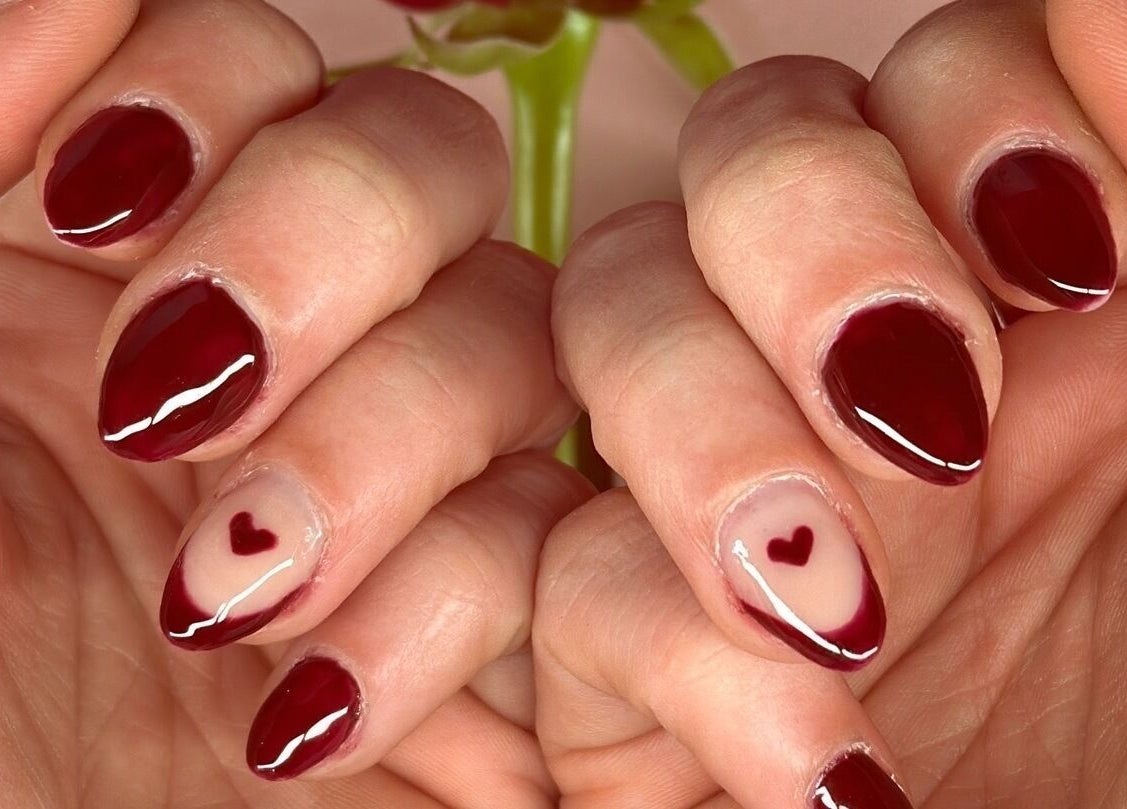 Red heart nail art at Glow Nails in Dublin, County Dublin, IE. Perfect manicure with elegant design.