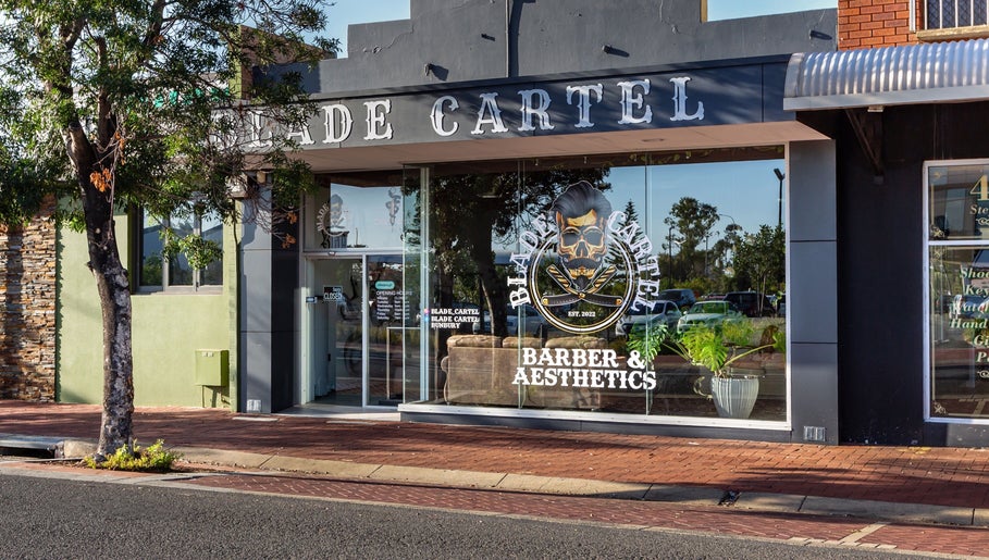 Exterior of Blade Cartel Barber and Aesthetics in Bunbury, Western Australia, AU showcasing the stylish storefront.