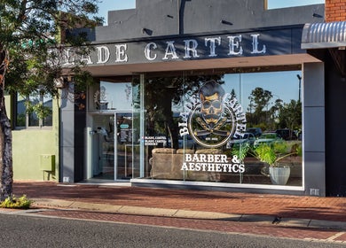 Exterior of Blade Cartel Barber and Aesthetics in Bunbury, Western Australia, AU showcasing the stylish storefront.