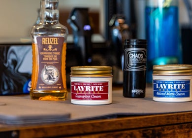 Grooming products at Blade Cartel Barber and Aesthetics in Bunbury, Western Australia, AU.