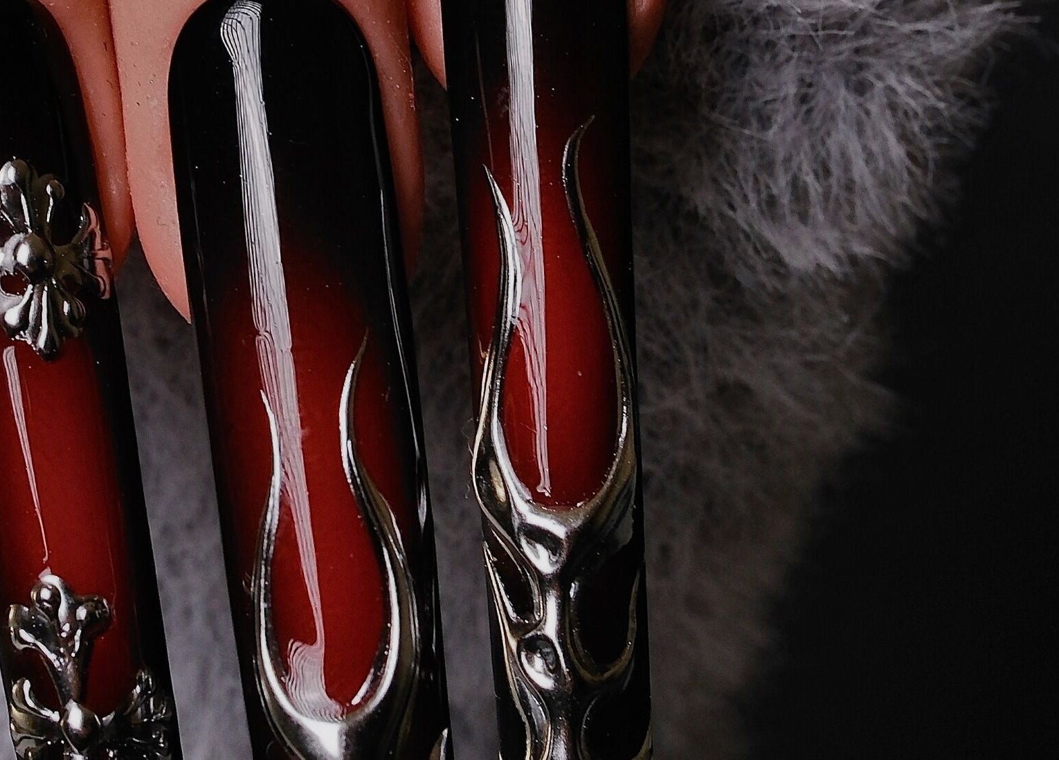 Exquisite gothic nail art with silver accents at Shape Nails Medford, Medford, Massachusetts, US.