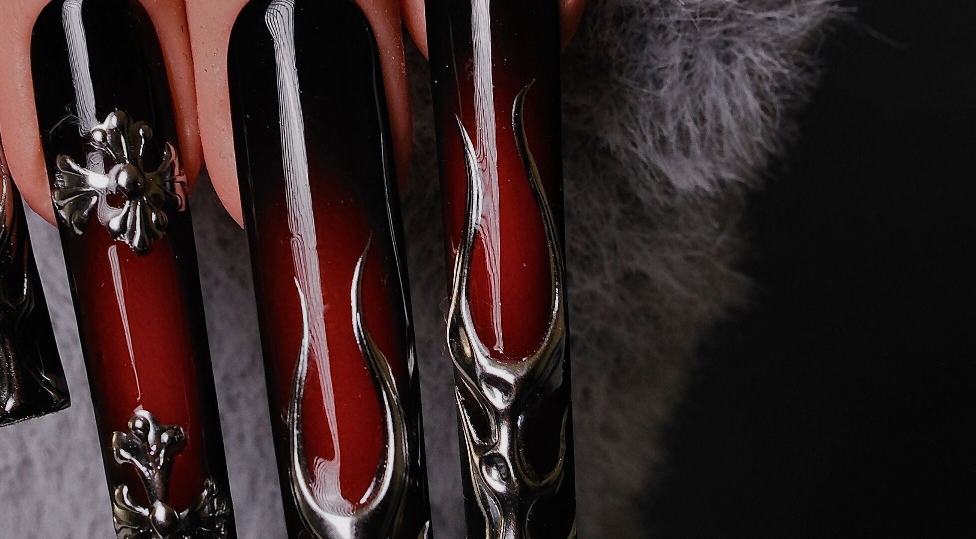 Exquisite gothic nail art with silver accents at Shape Nails Medford, Medford, Massachusetts, US.