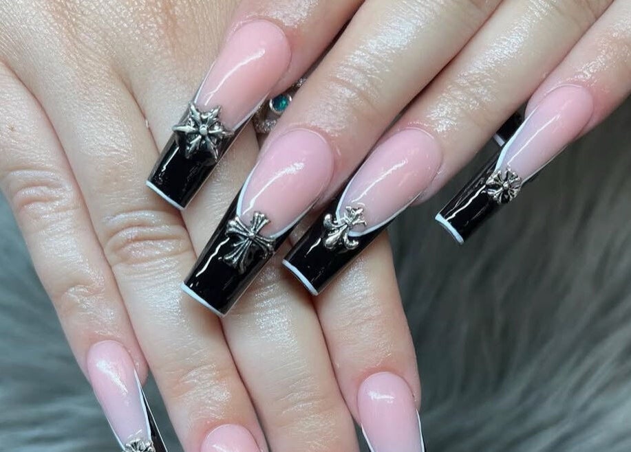 Elegant nail art with black and pink design at Shape Nails Medford, Medford, Massachusetts, US.