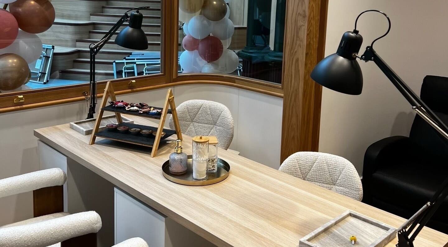 Elegant nail workspace at Klsandco, Doncaster, England, GB, featuring modern decor and professional nail tools.