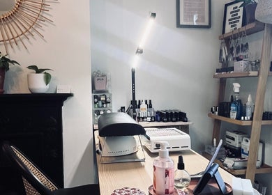 Stylish nail station at Thenailshed, Hurstpierpoint, England, GB, featuring manicure tools and decor.