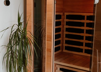 Modern wooden sauna with plant at Recovery Lane, Waiuku, Auckland, NZ for relaxation and wellness.