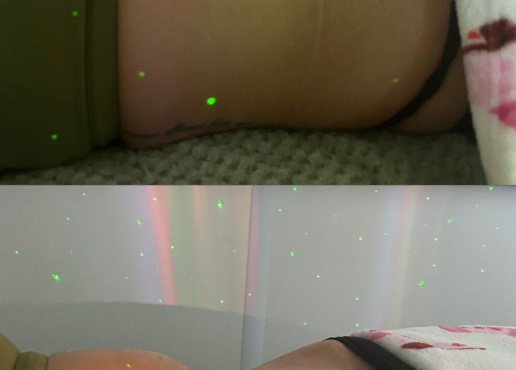 Relaxing massage session at Vibes Head Spa, Birkenhead, England, GB, enhanced by calming green starry lights.