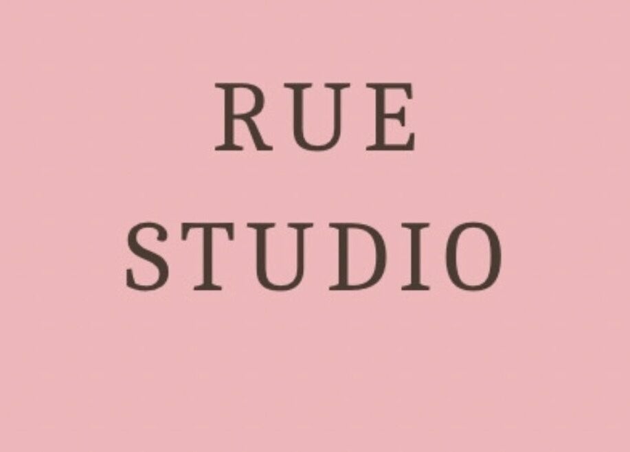 Rue Studio sign in pink and brown theme at Painted by Jane, Lerwick, Scotland, GB.