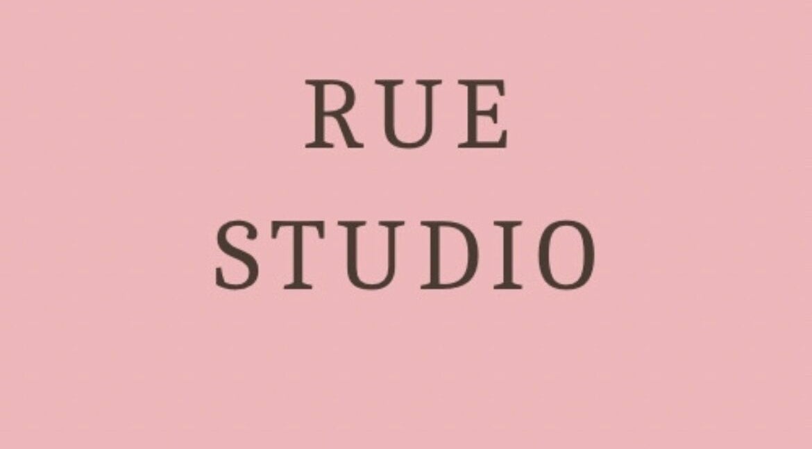Rue Studio sign in pink and brown theme at Painted by Jane, Lerwick, Scotland, GB.