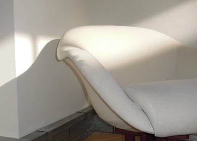 Elegant white sofa at The Haye Studio, London, England, GB, in calming natural light.