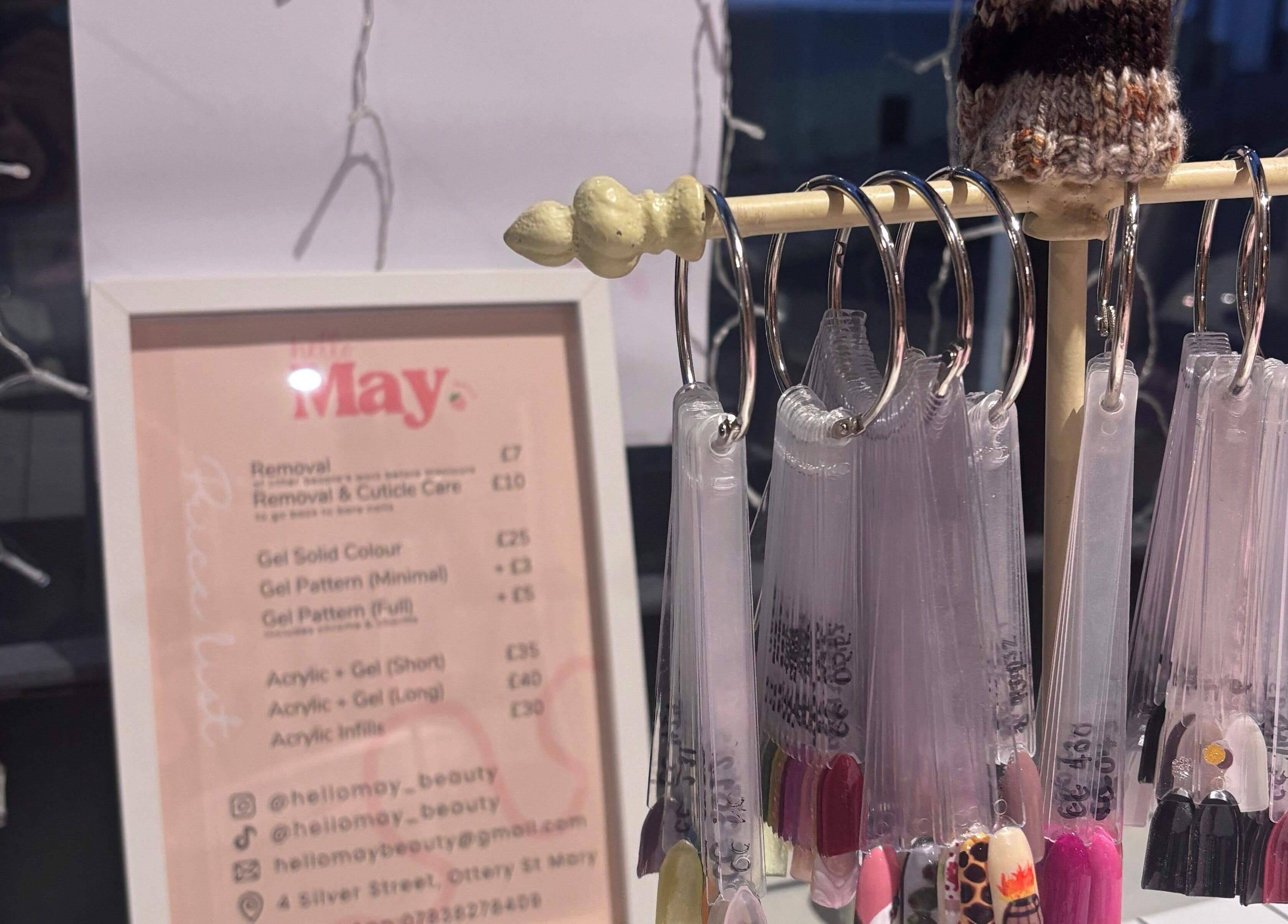 Nail color samples and price list at Hello May Beauty in Ottery Saint Mary, England, GB.