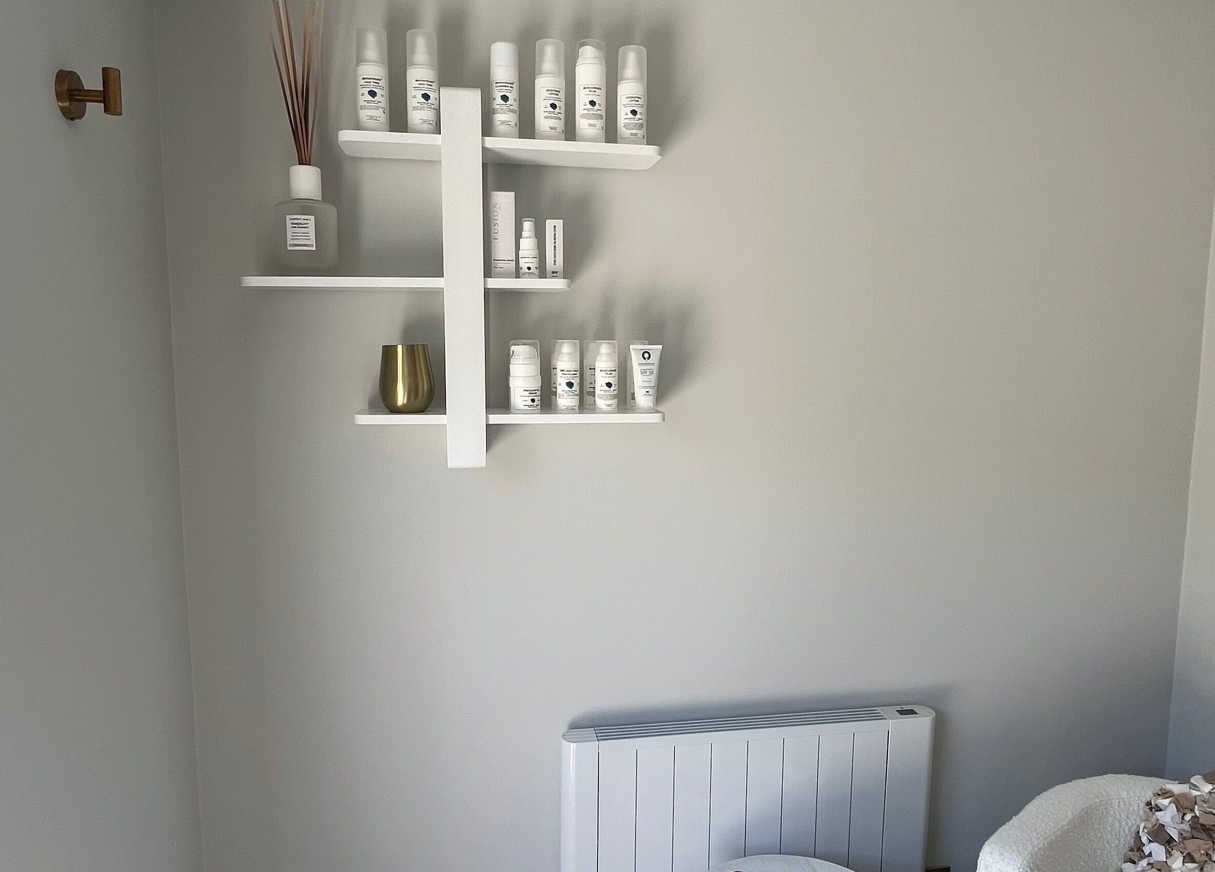 Minimalist skincare display at The Surrey Skin Clinic in Oxted, England, GB.