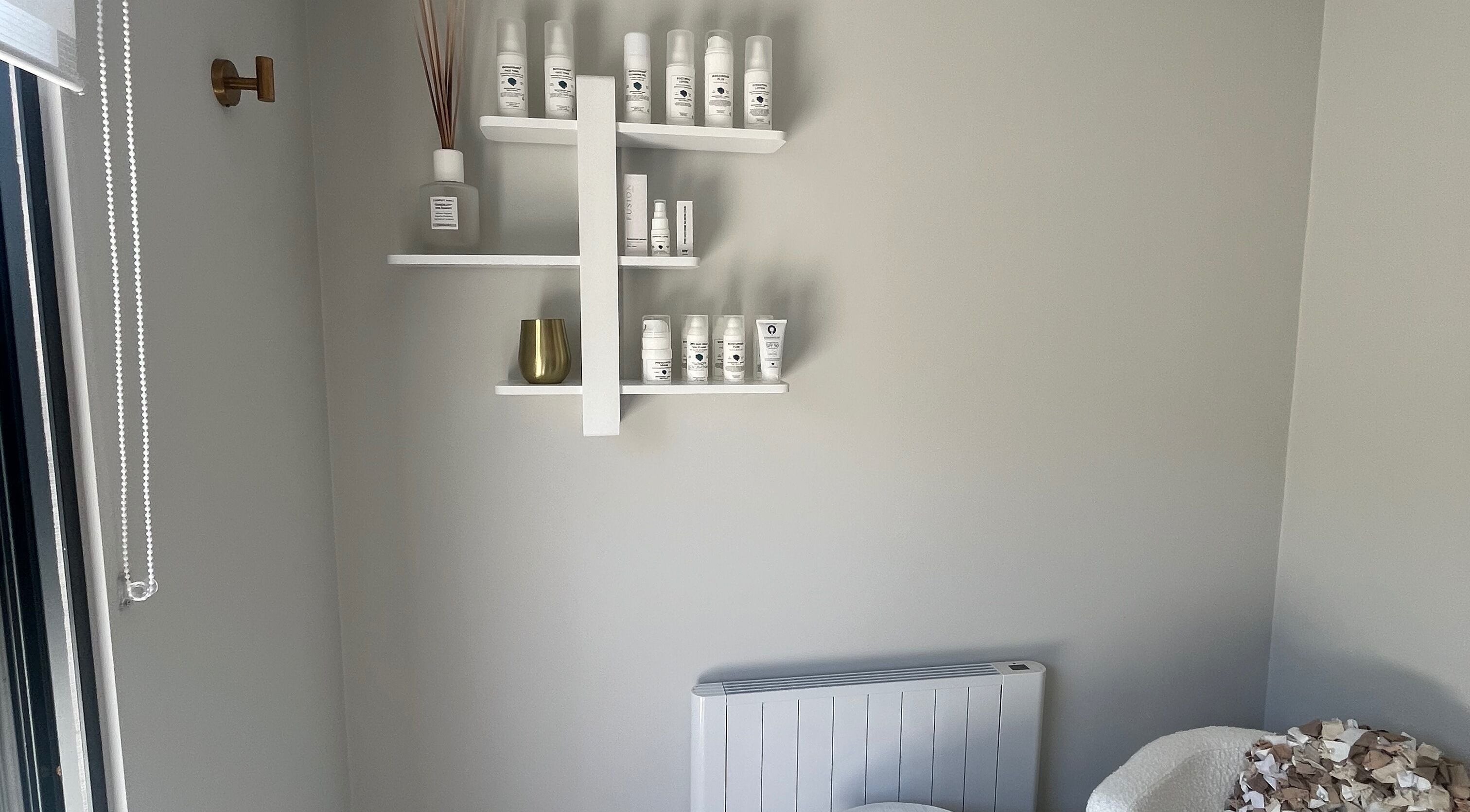 Minimalist skincare display at The Surrey Skin Clinic in Oxted, England, GB.