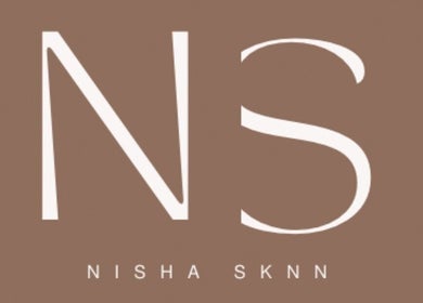 NISHA SKNN Aesthetics & Skin logo set against a brown background in Liverpool, England, GB.